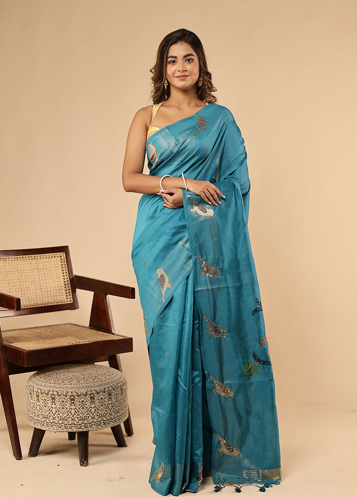 Blue Linen Silk Saree With Blouse Piece