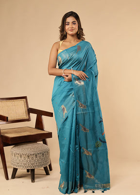 Blue Linen Silk Saree With Blouse Piece