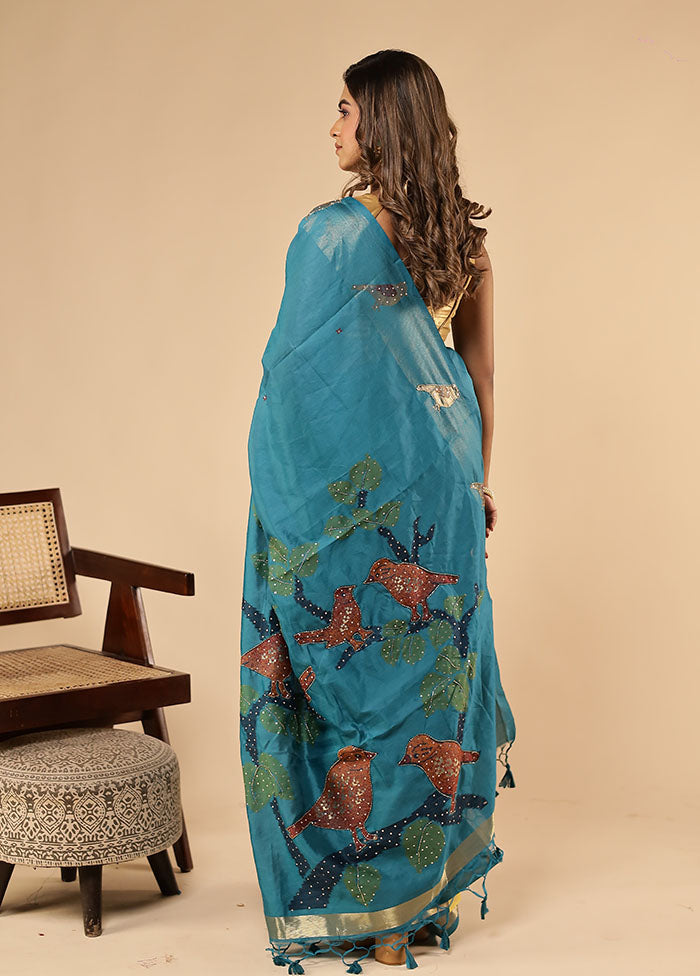 Blue Linen Silk Saree With Blouse Piece
