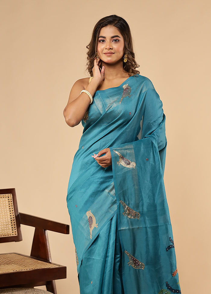 Blue Linen Silk Saree With Blouse Piece