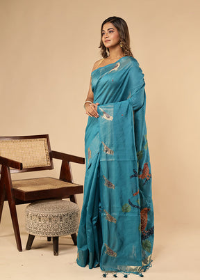 Blue Linen Silk Saree With Blouse Piece