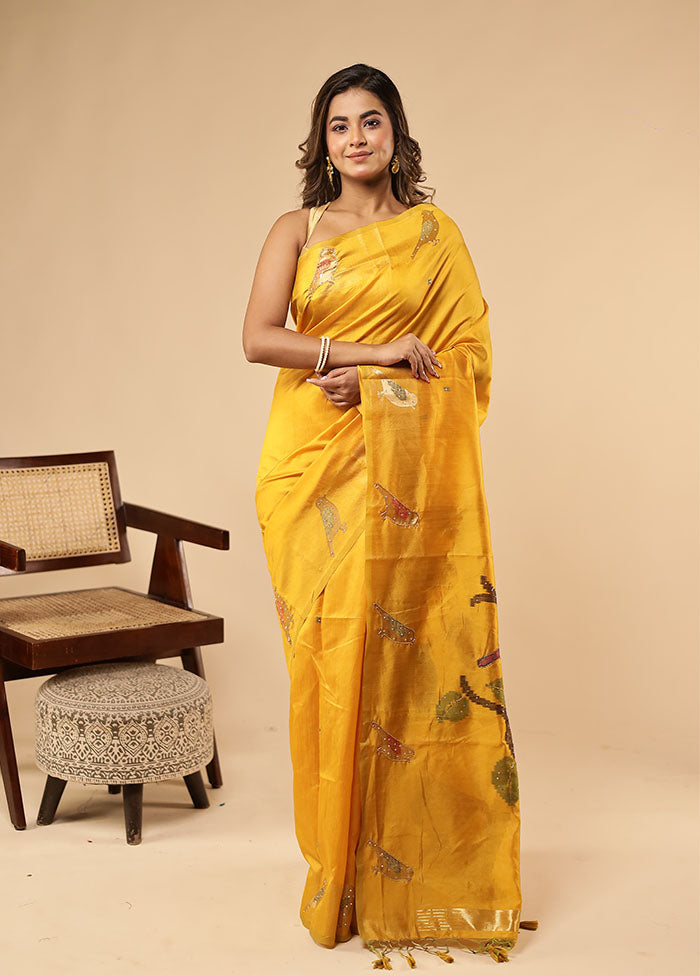 Yellow Linen Silk Saree With Blouse Piece