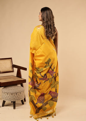 Yellow Linen Silk Saree With Blouse Piece