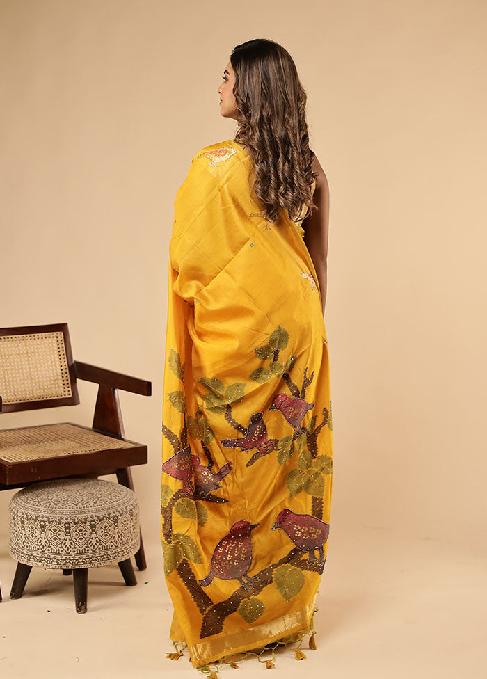 Yellow Linen Silk Saree With Blouse Piece