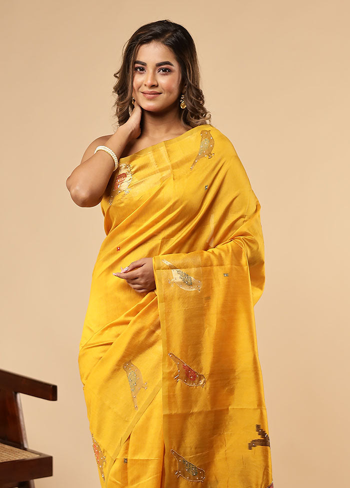 Yellow Linen Silk Saree With Blouse Piece