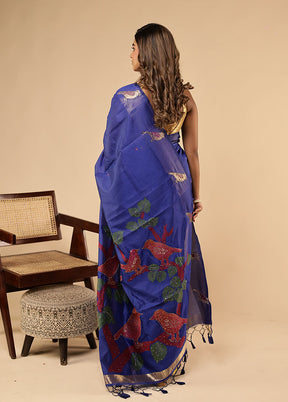 Blue Linen Silk Saree With Blouse Piece