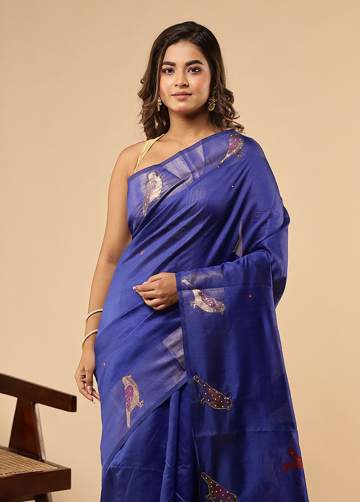 Blue Linen Silk Saree With Blouse Piece