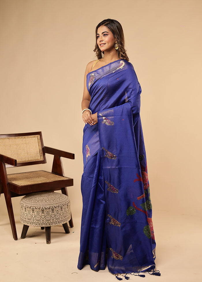 Blue Linen Silk Saree With Blouse Piece