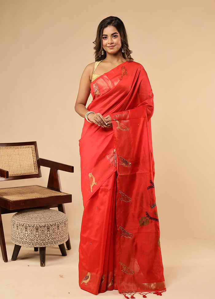 Red Linen Silk Saree With Blouse Piece