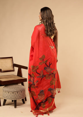 Red Linen Silk Saree With Blouse Piece