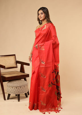 Red Linen Silk Saree With Blouse Piece