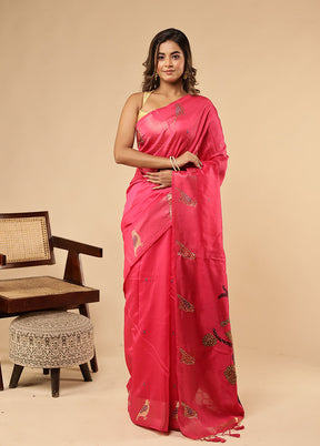 Pink Linen Silk Saree With Blouse Piece