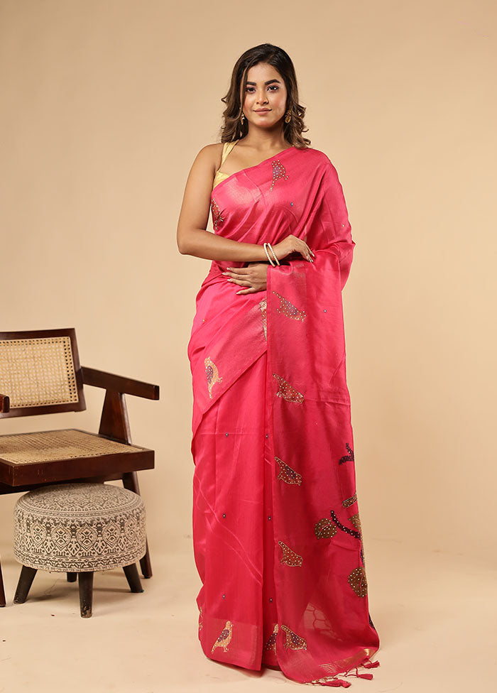 Pink Linen Silk Saree With Blouse Piece
