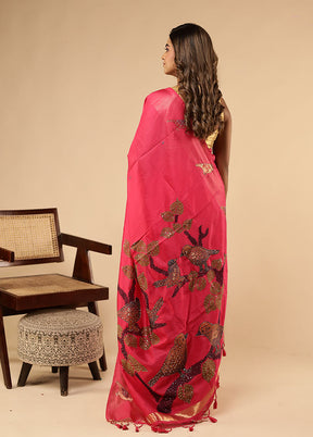 Pink Linen Silk Saree With Blouse Piece