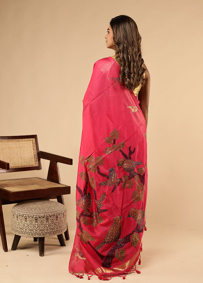 Pink Linen Silk Saree With Blouse Piece