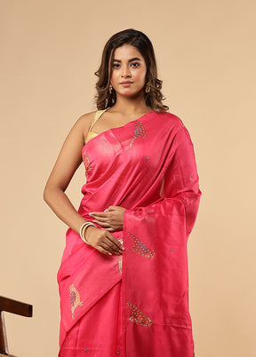 Pink Linen Silk Saree With Blouse Piece