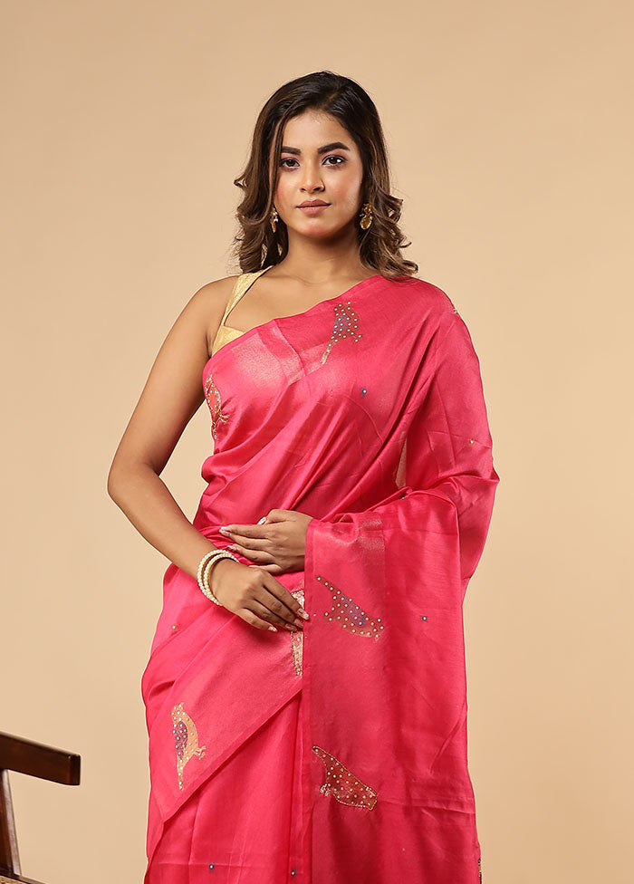 Pink Linen Silk Saree With Blouse Piece