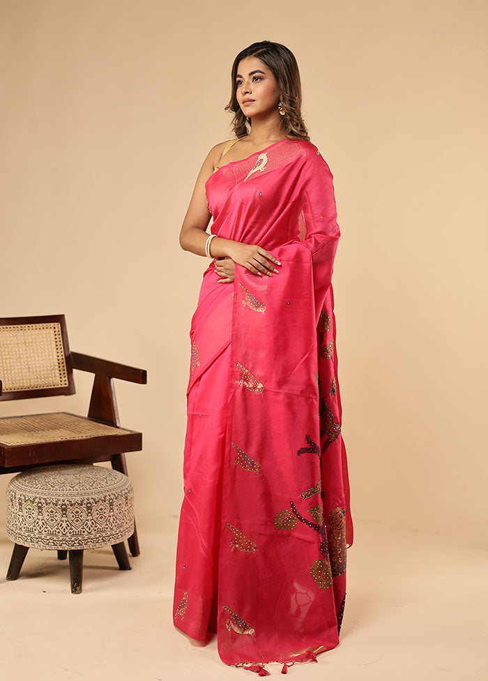 Pink Linen Silk Saree With Blouse Piece