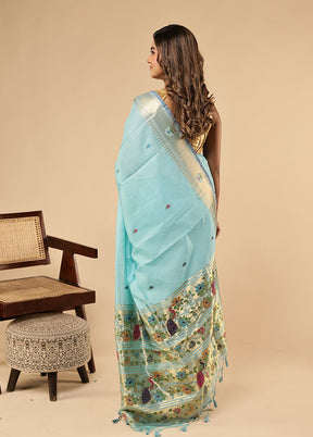 Blue Linen Silk Saree With Blouse Piece