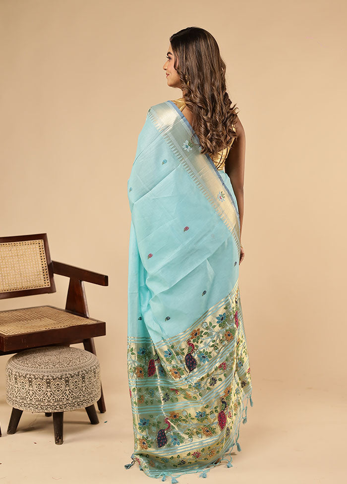 Blue Linen Silk Saree With Blouse Piece