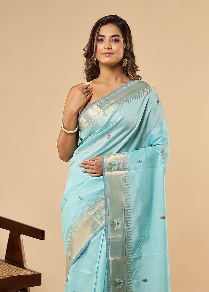Blue Linen Silk Saree With Blouse Piece