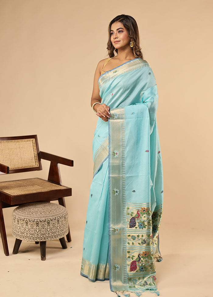 Blue Linen Silk Saree With Blouse Piece