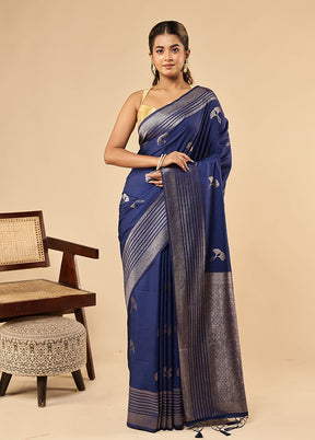 Blue Dupion Silk Saree With Blouse Piece