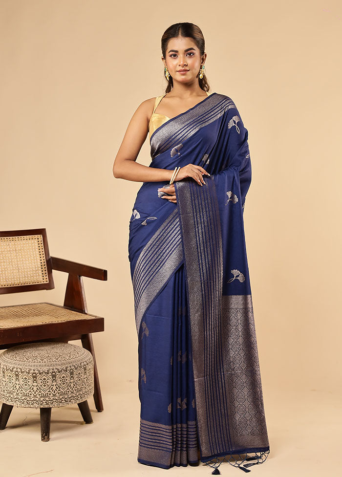 Blue Dupion Silk Saree With Blouse Piece