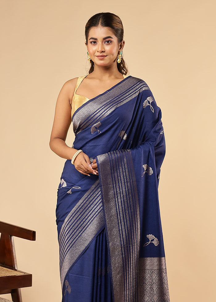 Blue Dupion Silk Saree With Blouse Piece