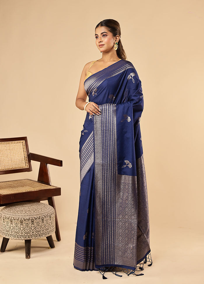 Blue Dupion Silk Saree With Blouse Piece