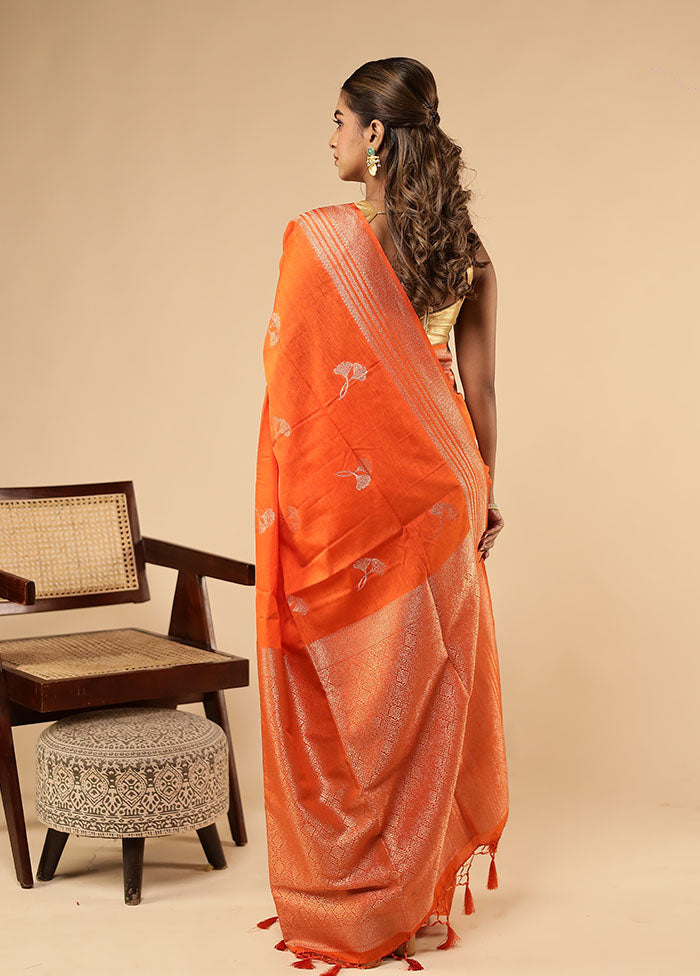 Orange Dupion Silk Saree With Blouse Piece