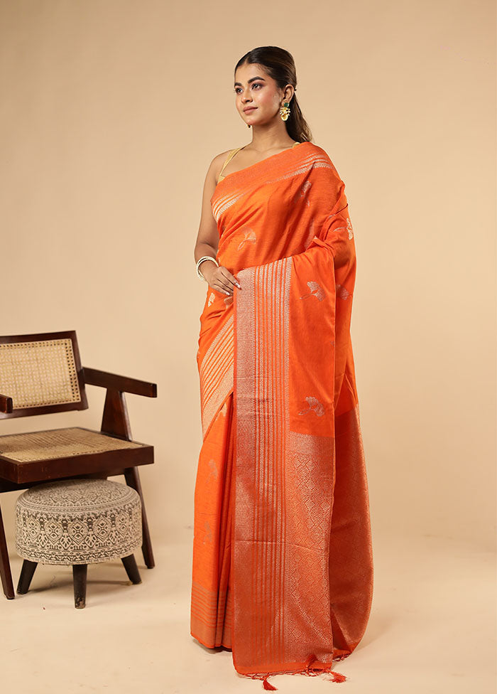 Orange Dupion Silk Saree With Blouse Piece