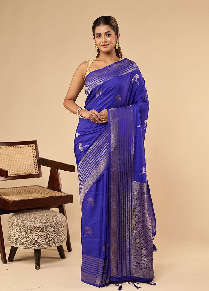 Blue Dupion Silk Saree With Blouse Piece
