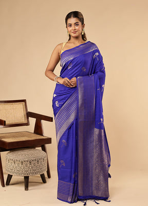 Blue Dupion Silk Saree With Blouse Piece