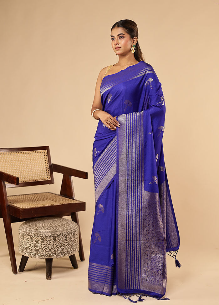 Blue Dupion Silk Saree With Blouse Piece