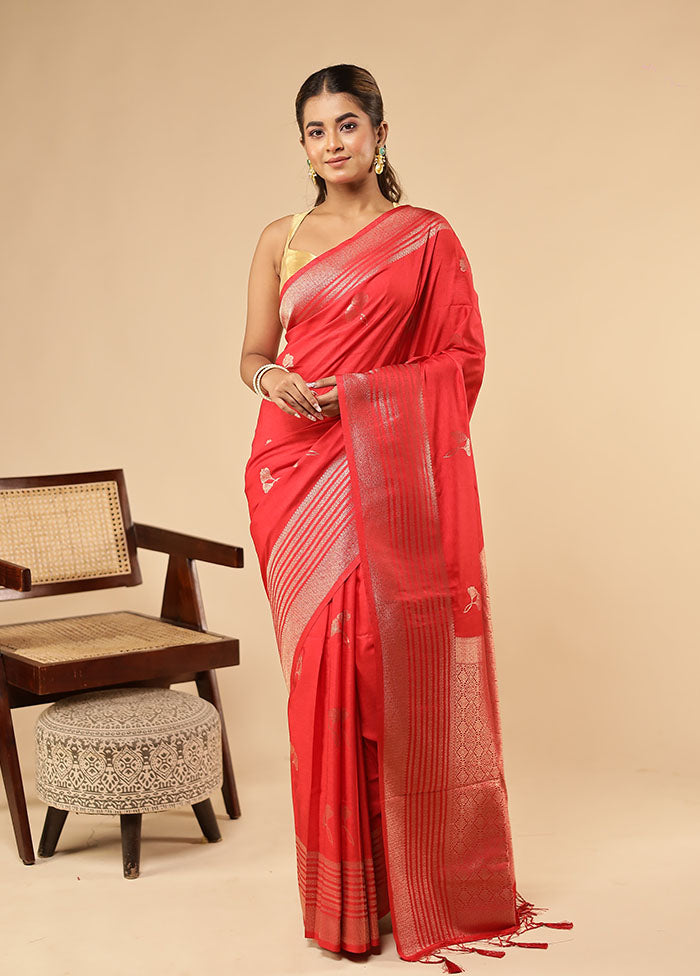 Red Dupion Silk Saree With Blouse Piece