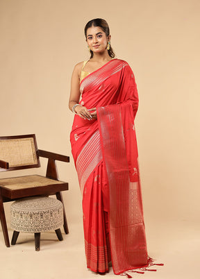 Red Dupion Silk Saree With Blouse Piece