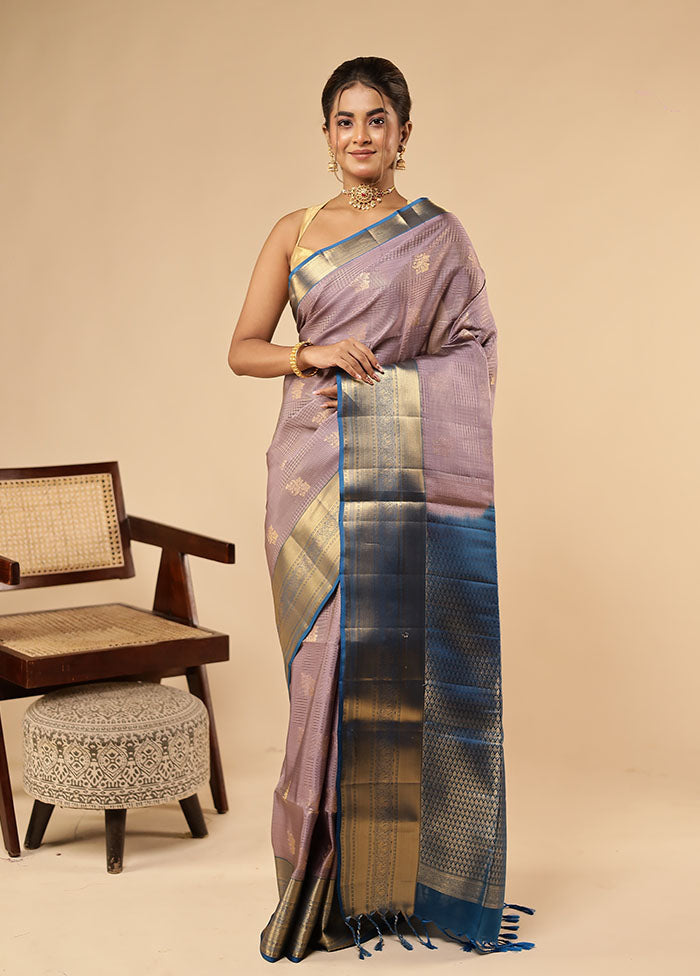 Purple Handloom Kanjivaram Pure Silk Saree With Blouse Piece