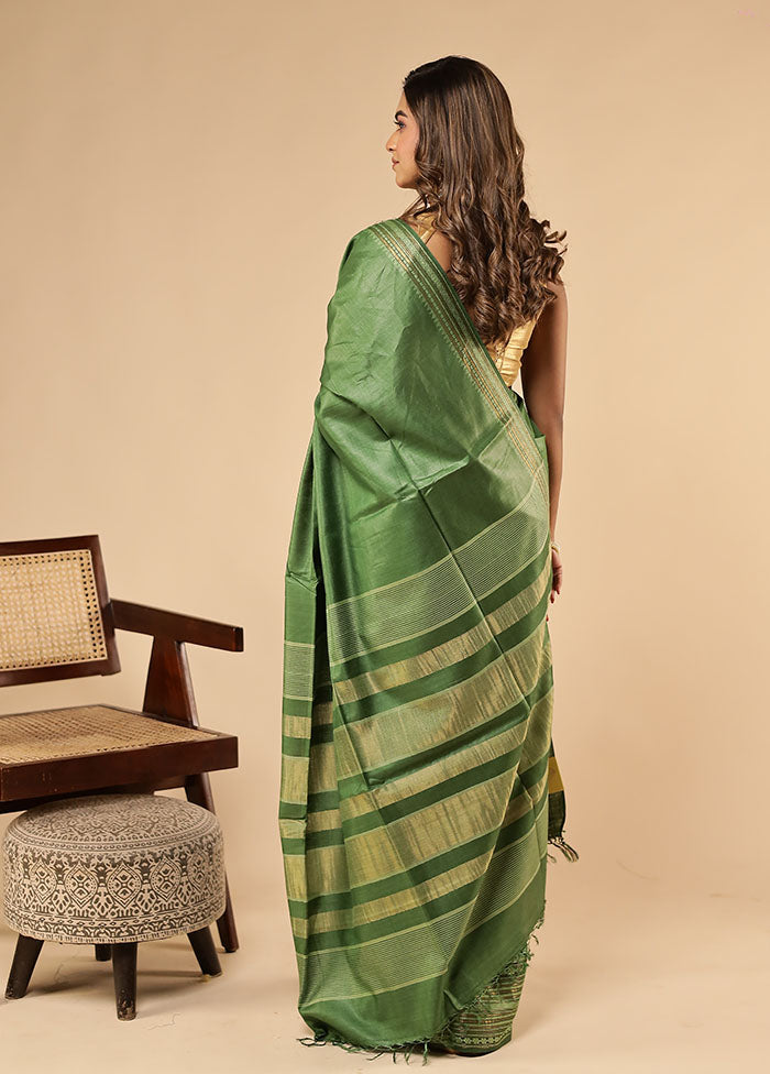 Green Handloom Tussar Pure Silk Saree With Blouse Piece