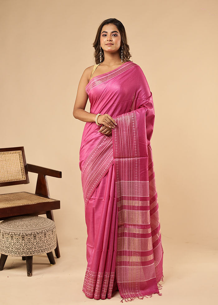 Pink Handloom Tussar Pure Silk Saree With Blouse Piece