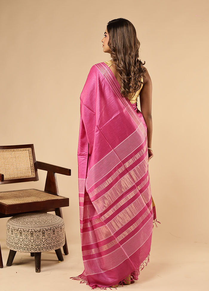 Pink Handloom Tussar Pure Silk Saree With Blouse Piece