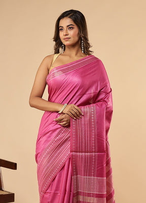 Pink Handloom Tussar Pure Silk Saree With Blouse Piece