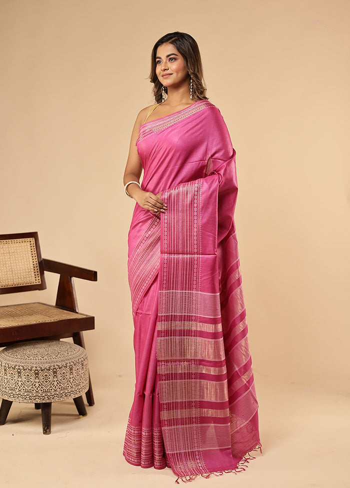 Pink Handloom Tussar Pure Silk Saree With Blouse Piece