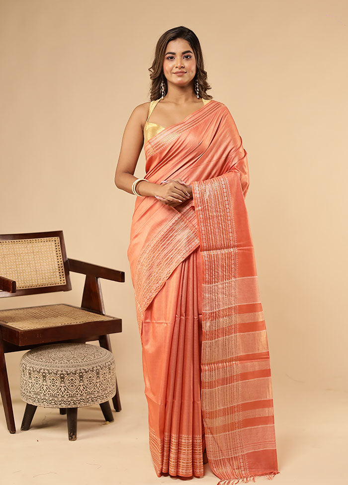Pink Handloom Tussar Pure Silk Saree With Blouse Piece