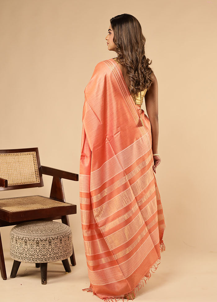 Pink Handloom Tussar Pure Silk Saree With Blouse Piece