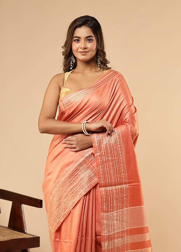 Pink Handloom Tussar Pure Silk Saree With Blouse Piece