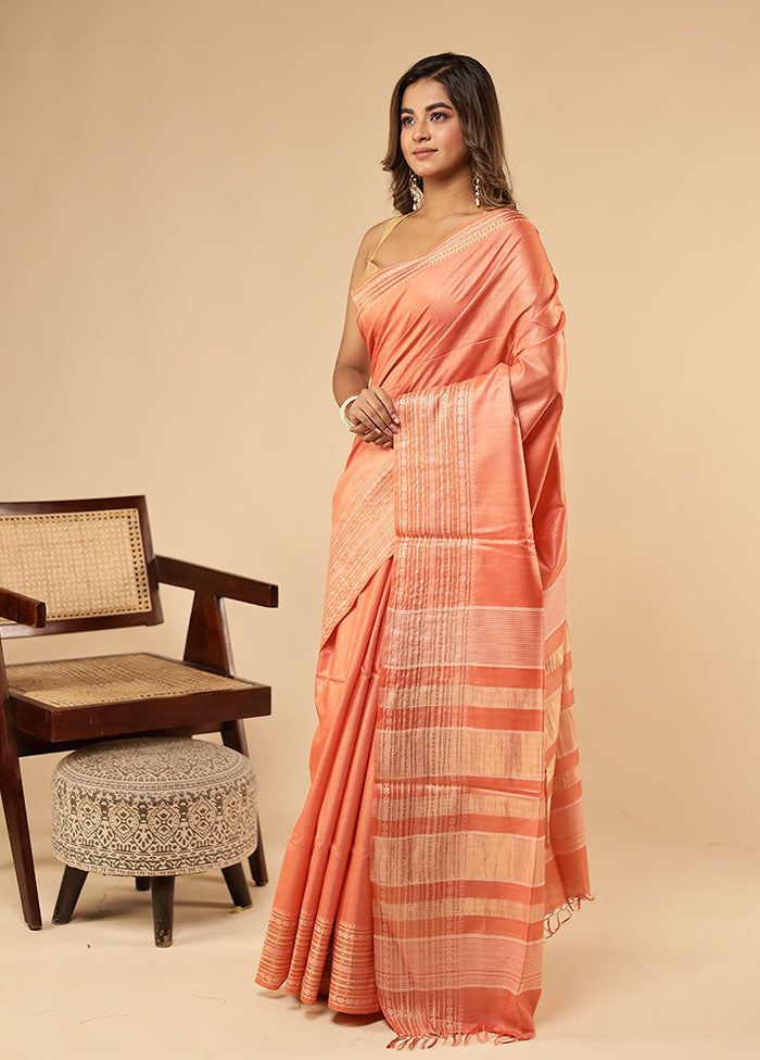 Pink Handloom Tussar Pure Silk Saree With Blouse Piece