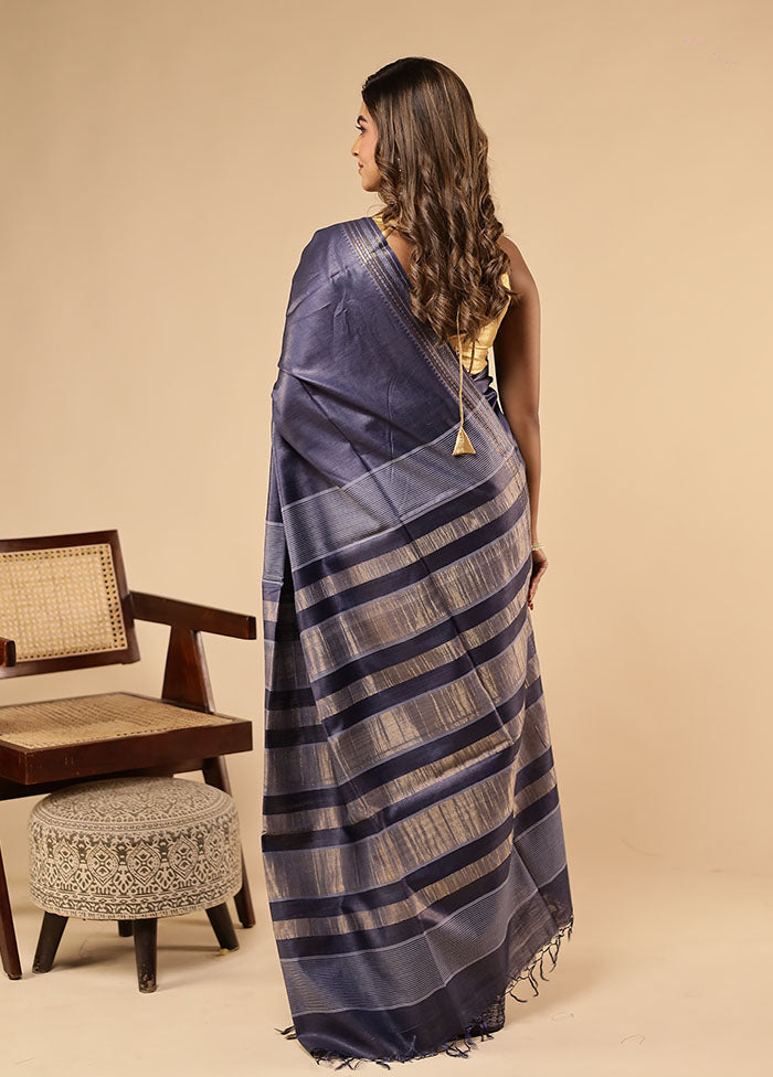 Blue Handloom Tussar Pure Silk Saree With Blouse Piece