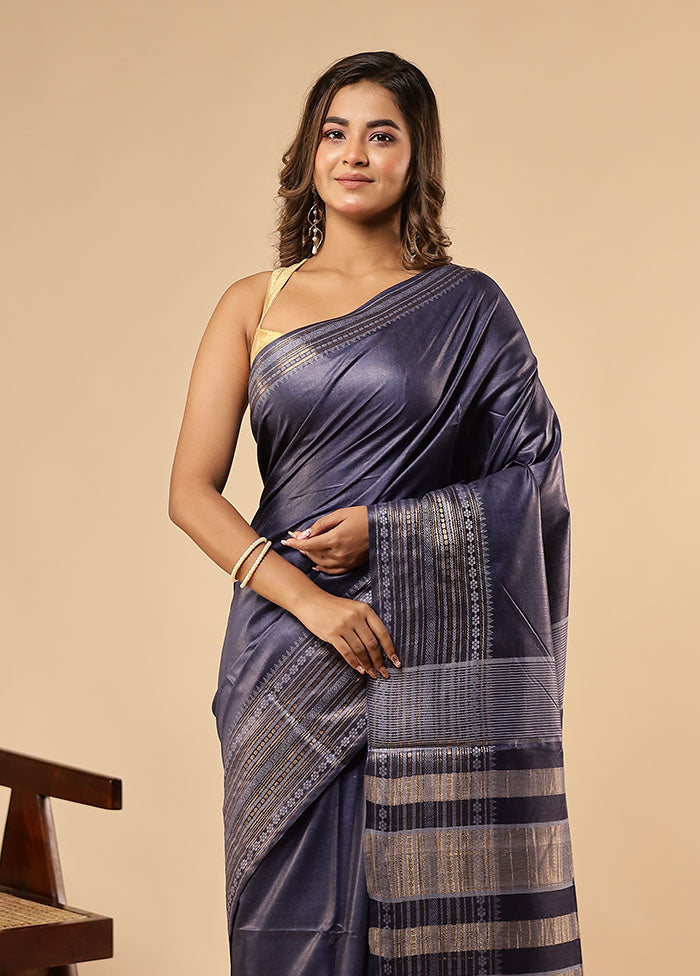 Blue Handloom Tussar Pure Silk Saree With Blouse Piece