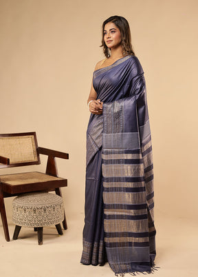 Blue Handloom Tussar Pure Silk Saree With Blouse Piece